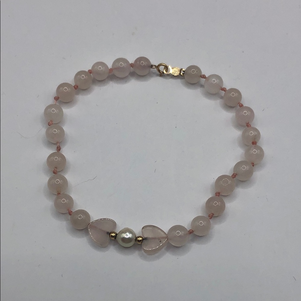 Pink rose quartz bead genuine pearl dainty bracelet 14k gold clasp vintage WW